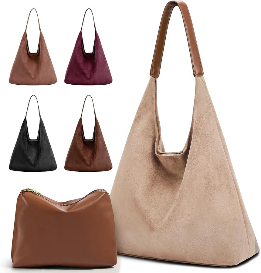 2-Piece Vegan Leather Purse Set for Women: Slouchy Hobo Shoulder Bag & Suede Tote Bag | Amazon (US)