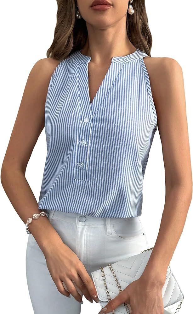 SHENHE Women's Striped Print Notched V Neck Button Down Sleeveless Blouse Top | Amazon (US)