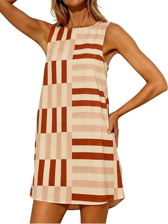 Womens Summer Boho A-Line Mini Dress Casual Color Block Sundress Sleeveless Beach Vacation Coveru... | Amazon (US)