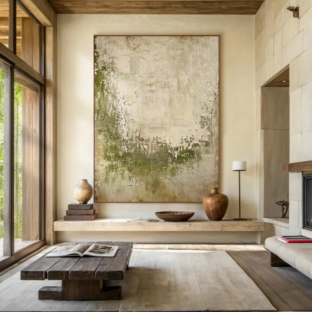 Beige Wabi Sabi Wall Art Green Beige Abstract Painting Large Green Simple Wall Art Beige Textured... | Etsy (DACH)
