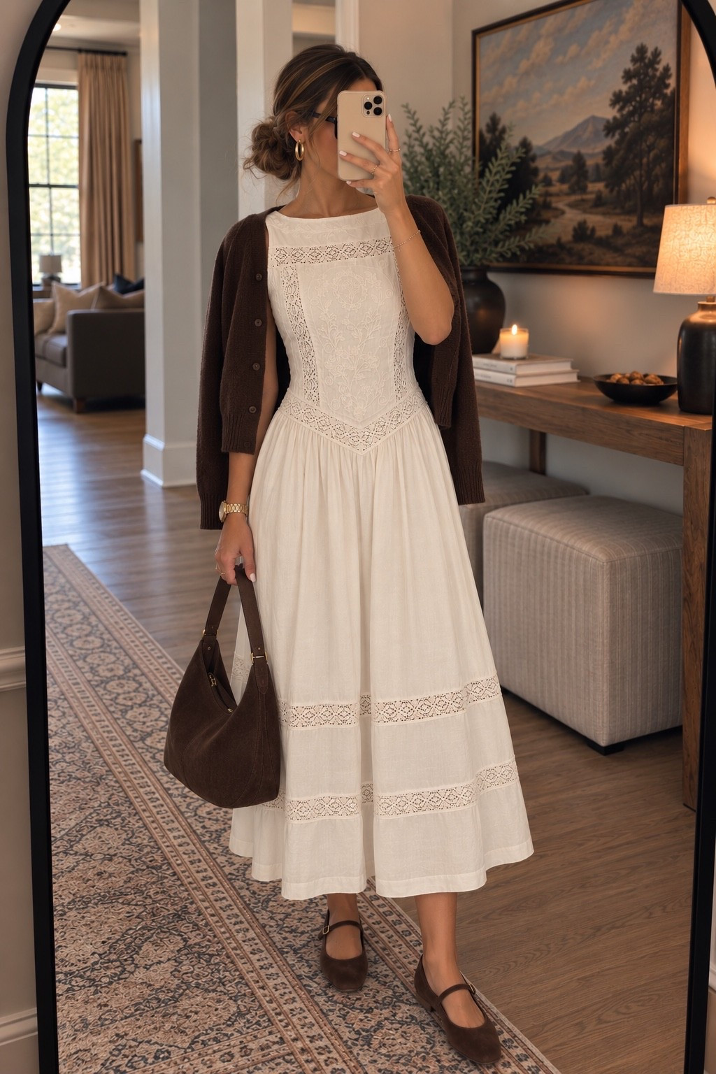 Fall dress perfection 🤎 This Abercrombie ivory lace-trim midi dress has the prettiest embroidered details and drop-waist silhouette. I styled it for fall with a chocolate brown cardigan, suede bag and brown Mary Jane flats. Such a pretty transitional fall outfit for family photos, brunch, date night or a fall event. 🍂

#Abercrombie #AbercrombieStyle #AbercrombieDress #FallDress #FallOutfit #FallFashion #FallOutfitIdeas #FamilyPhotoOutfit #Over40Style #LTKStyle #LTKFallFashion

#LTKootd #LTKSeasonal #LTKSaleAlert