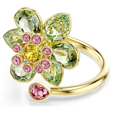 Idyllia open ring, Mixed cuts, Flower, Green, Gold-tone plated by SWAROVSKI | SWAROVSKI