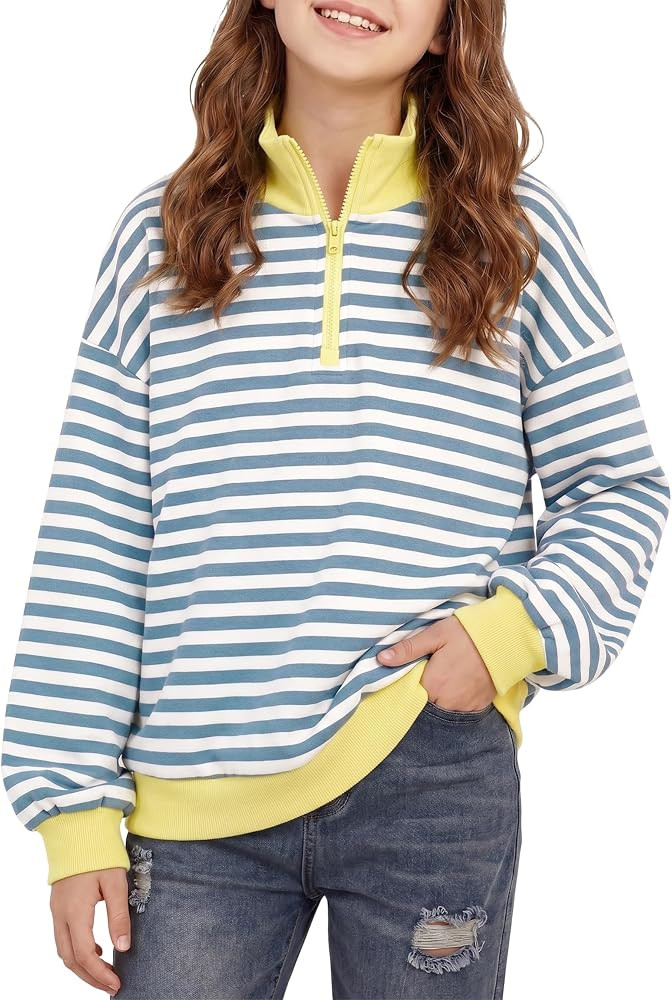 Girls Striped Quarter Zip Sweatshirt Cotton Pullover Age 7-18 | Amazon (US)