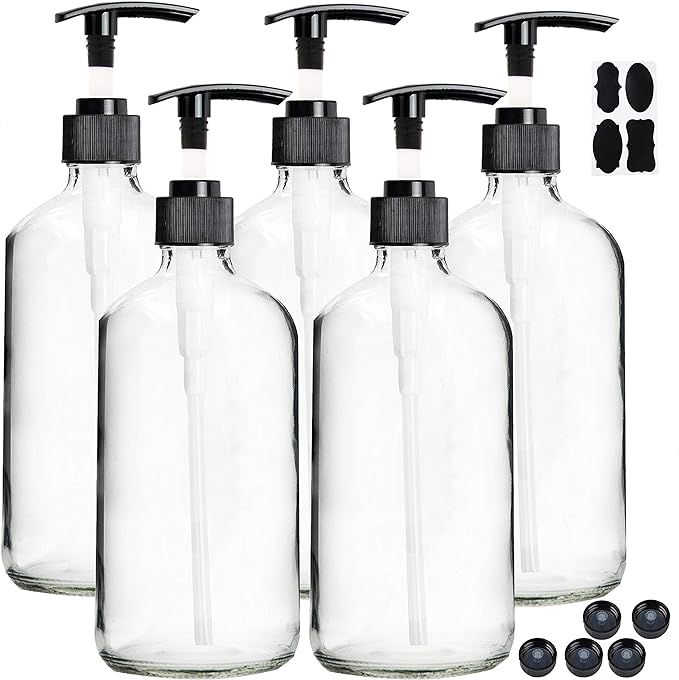 Youngever 5 Pack Empty Clear Glass Pump Bottles, 8 Ounce Lotion Pump Bottles, Soap Dispenser, Ref... | Amazon (US)