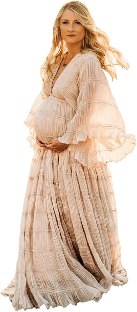 Tulle Maternity Robe for Photoshoot V Neck Long Sleeve Pregnancy Baby Shower Puffy Slit Ruffle Br... | Amazon (US)