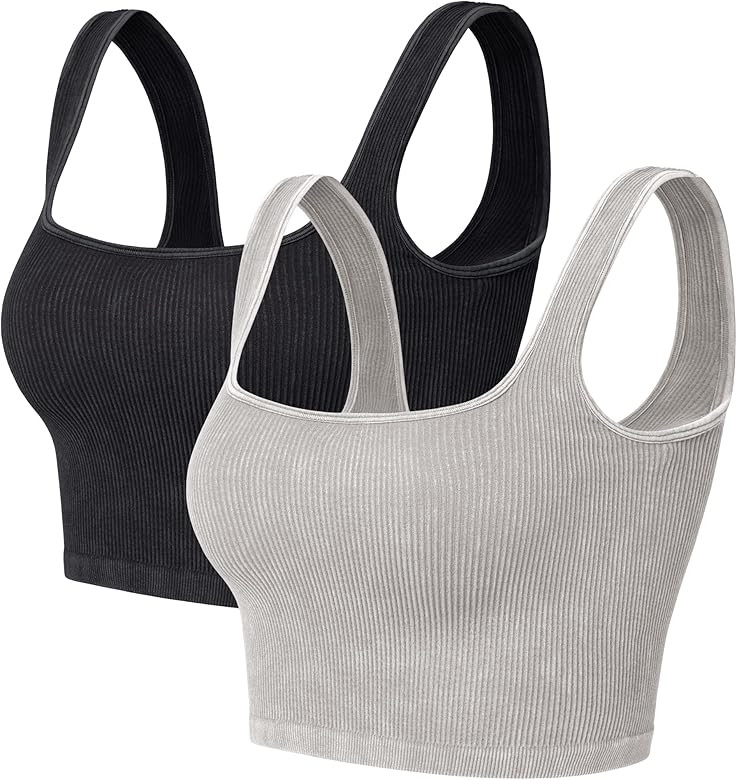 ODODOS Women's Seamless Crop Tank 2-Pack Ribbed Knit Square Neck Cropped Tops Casual Low Back Cam... | Amazon (US)