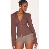 Brown Linen Blend Plunge Shoulder Padded Fitted Shirt | PrettyLittleThing US