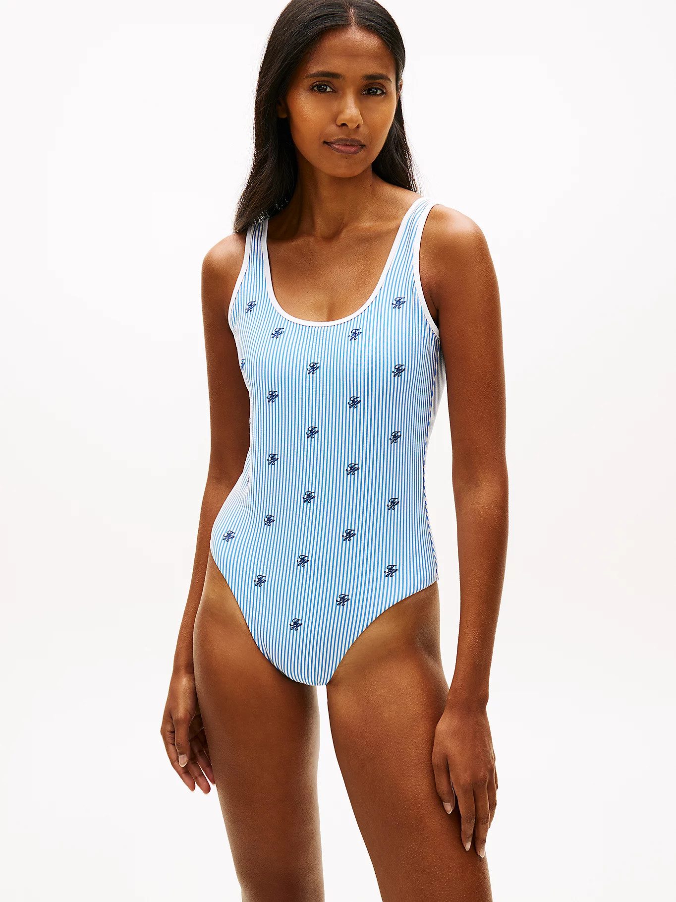 Logo Embroidery Seersucker Scoop Back Swimsuit | White | Tommy Hilfiger | Tommy Hilfiger UK