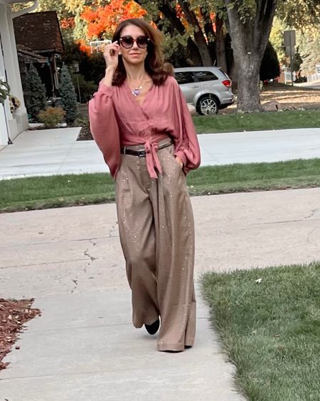 In love with this look!
The wide leg pants are gorgeous and they have some spark in the fabric. Wearing a size 2.

The blouse is stunning and high low.
Wearing XS

#LTKHoliday #LTKstyletip #LTKSeasonal