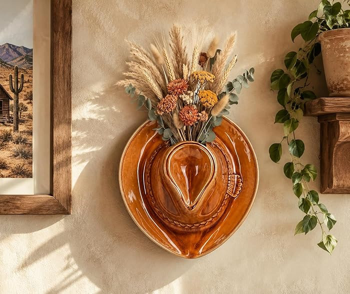 Cowboy Hat Vase for Wall | Large Size 11.8" | Ceramic Cowboy Hanging Planter for Indoor | Vintage... | Amazon (US)