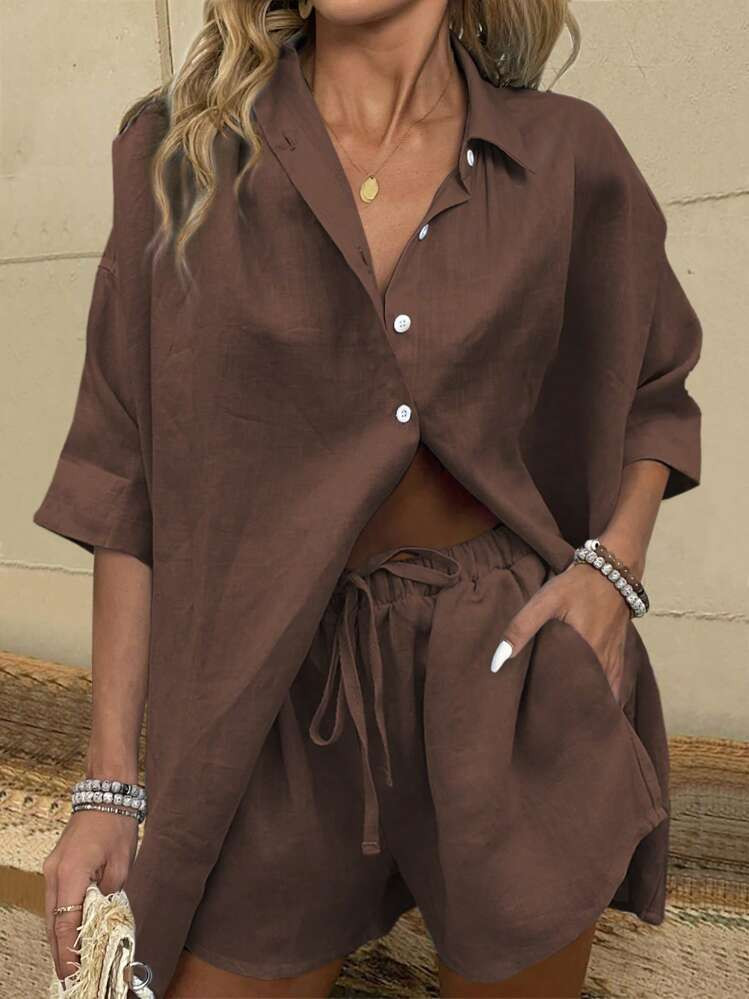 Breezaya Conjunto De 2 Piezas De Mujer Con Camisa De Mangas Cortas Y Pantalones Cortos Sólidos Minimalistas Para Uso Diario, Camiseta Holgada De Manga Corta Con Hombros Caídos Y Pantalones Cortos Con Cordón, De Color Marrón Café, Para Primavera/Verano, Uso Casual Diario | SHEIN