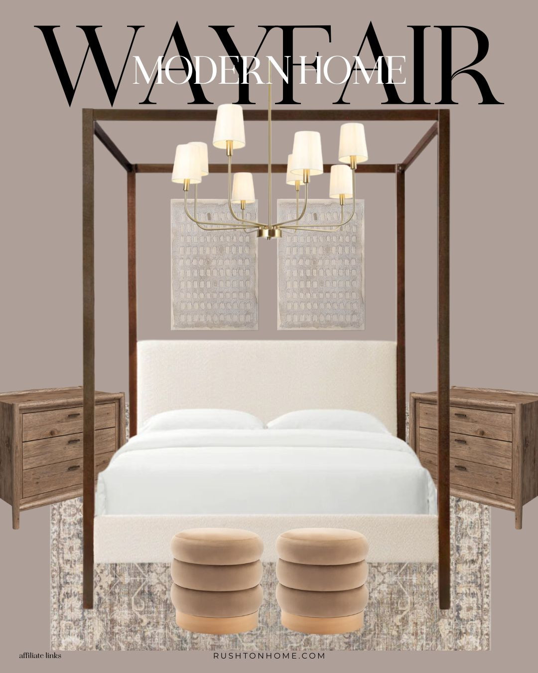 Neutral, modern and wood toned bedroom! Loving these calming vibes...

#canopybed #pendant #light #lighting #nightstand #sidetable #ottoman #upholsteredbed #bedframe #wayfair @wayfair 

 #LTKHome
