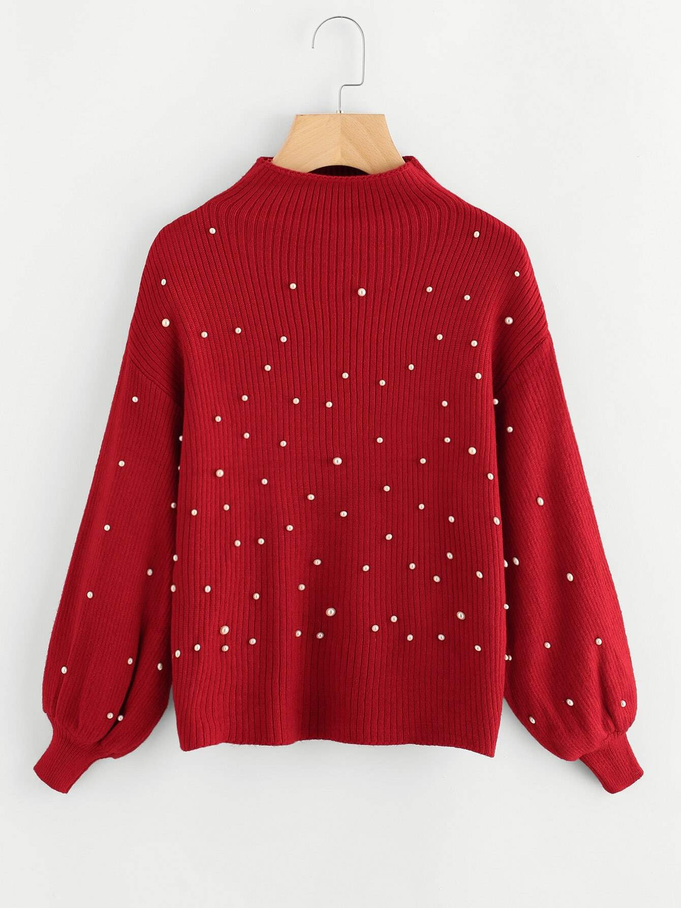 Pearl Beading Mock Neck Balloon Sleeve Jumper | SHEIN
