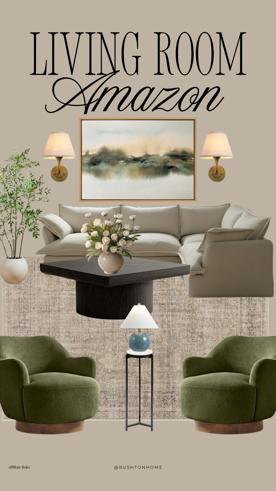 Living Room Amazon, living room decor, Amazon home finds, neutral living room, organic modern living room, olive green accent chairs, beige sectional sofa, coffee table decor, wall sconces, landscape wall art, neutral area rug, cozy living room ideas, affordable home decor, designer look for less, Amazon furniture finds, modern organic home, earthy living room decor, contemporary living room, neutral home aesthetic, home styling inspiration, budget-friendly home decor 

 #LTKHome
