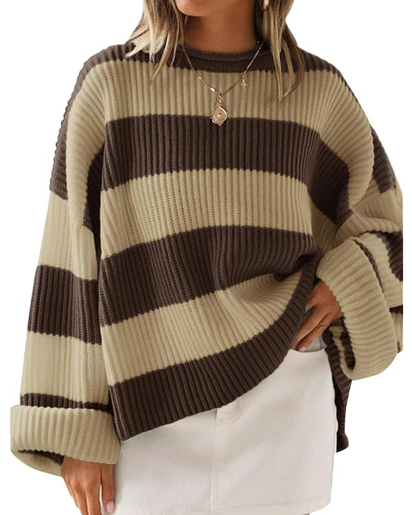 ZESICA Women's 2025 Fall Long Sleeve Oversized Striped Color Block Comfy Loose Crew Neck Knitted ... | Amazon (US)