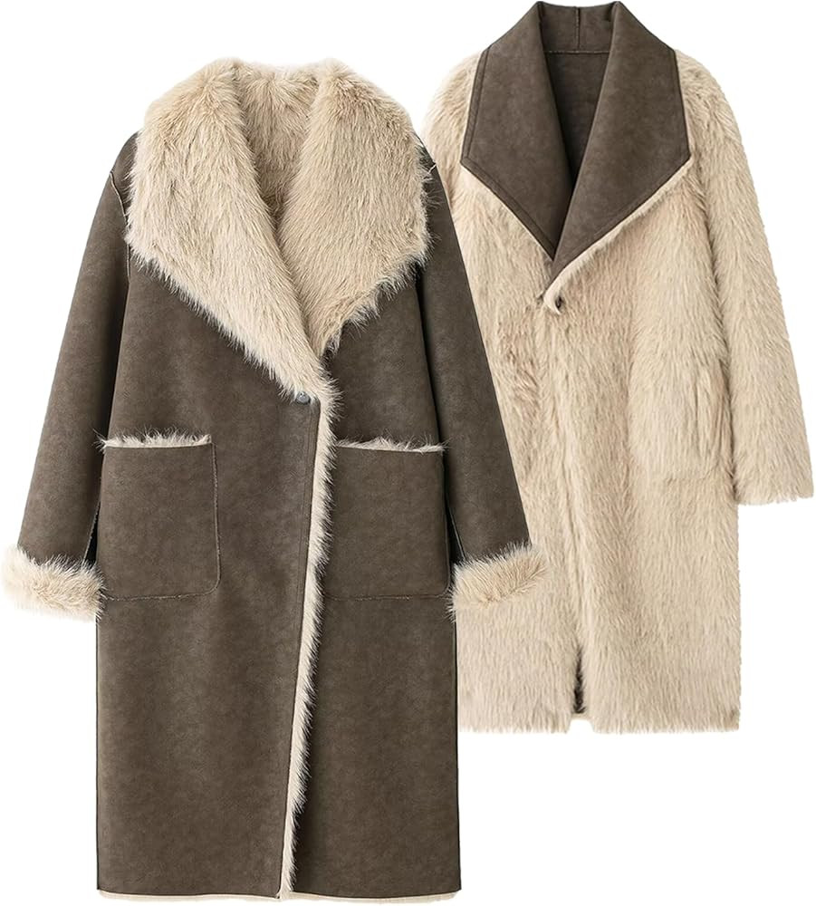 Double-Faced Reversible Long Coat - Womens Long Faux Fur Coat, Vintage Fur Leather Jackets Lapel ... | Amazon (US)