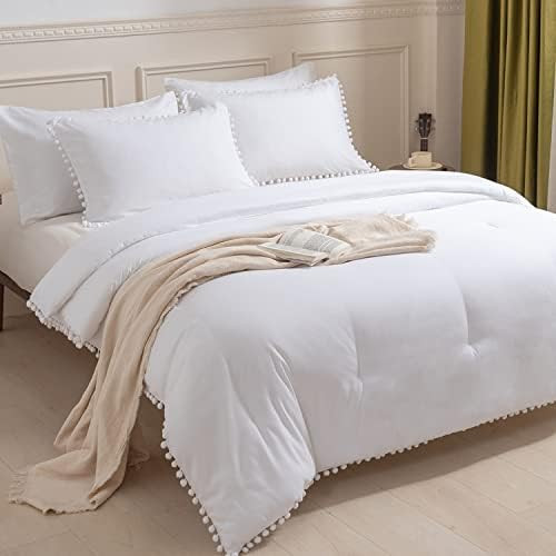 SLEEPBELLA Queen Comforter Set, 5 Pcs White Bedding, Vintage Ball Pom Fringe Design,Lightweight a... | Amazon (US)