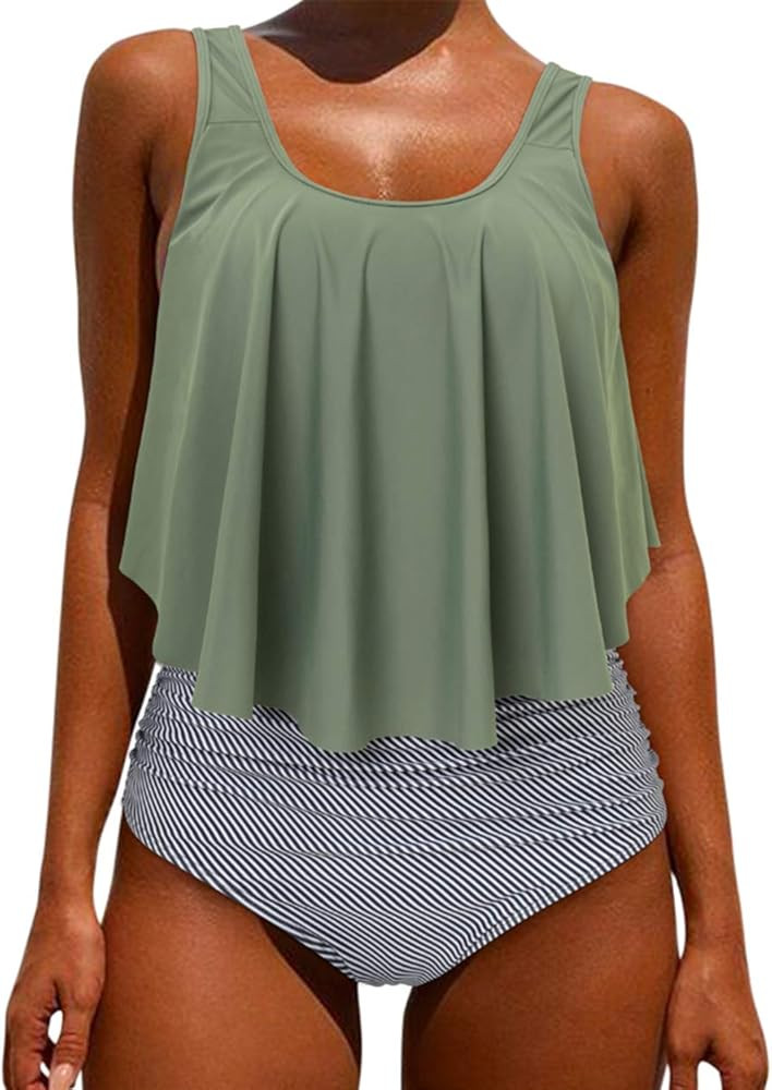 OMKAGI Women's Ruffle Bikini Swimsuit High waisted Bottom Plus Size Swimwear Tankini | Amazon (US)