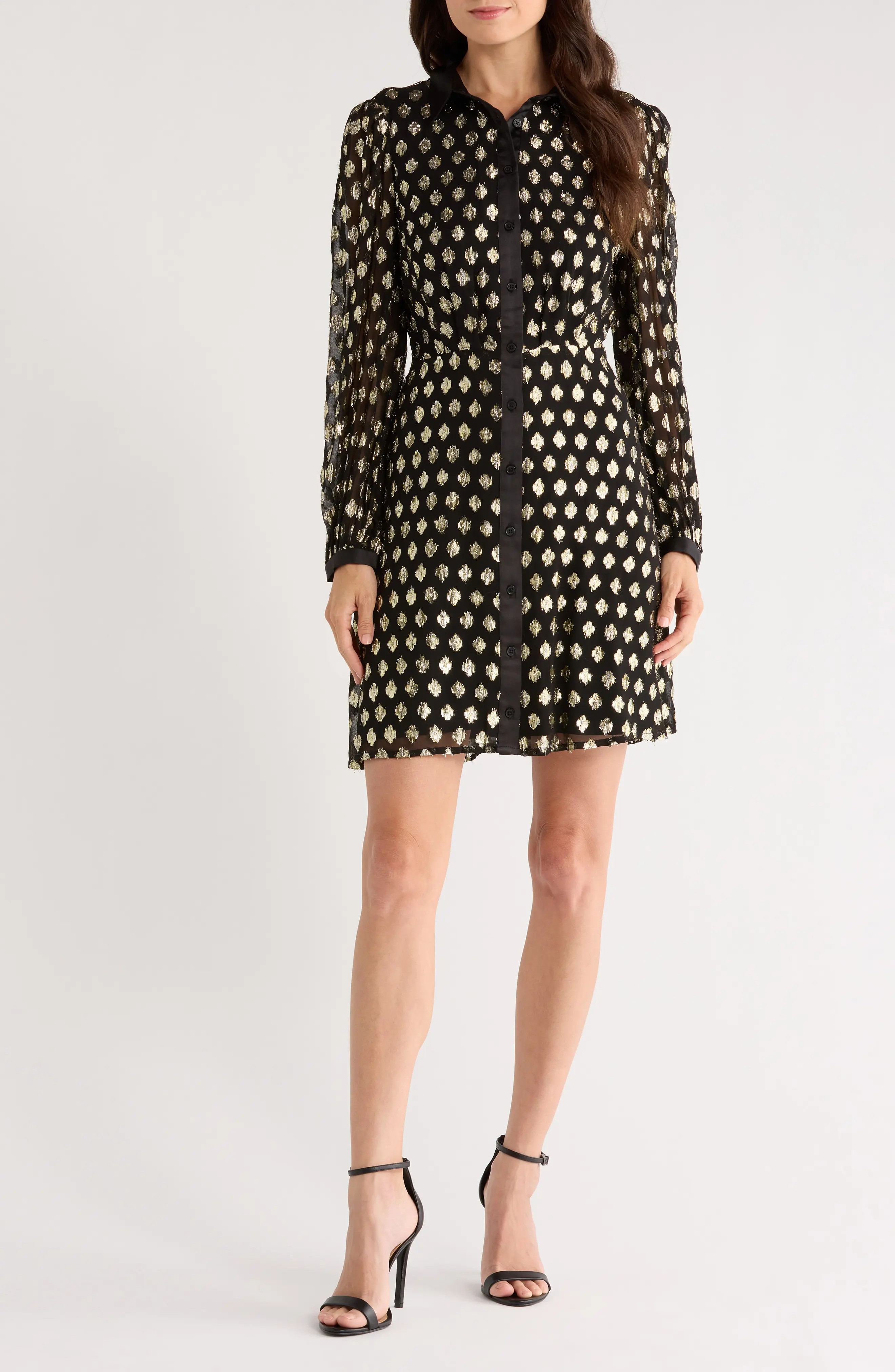 Halogen® Foil Dot Empire Waist Long Sleeve Shirtdress in Rich Gold at Nordstrom Rack, Size Small | Nordstrom Rack