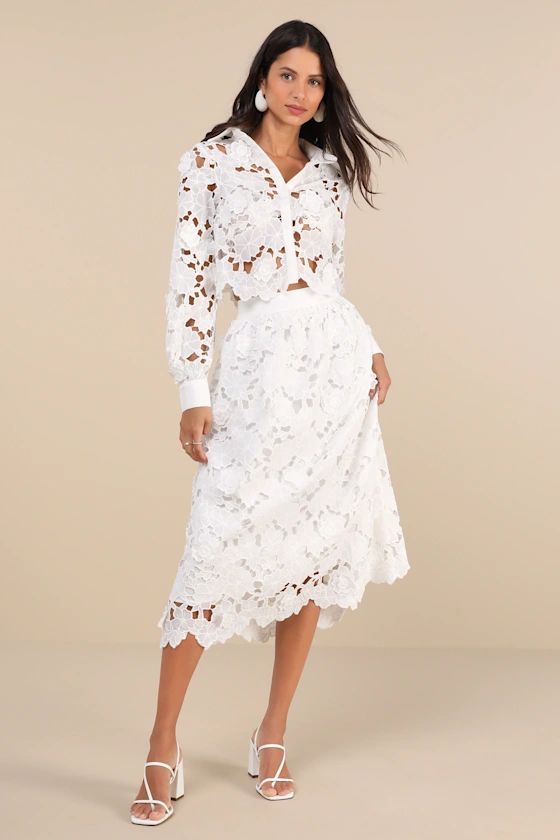 Ottis White Laser-Cut Floral High-Rise Midi Skirt | Lulus