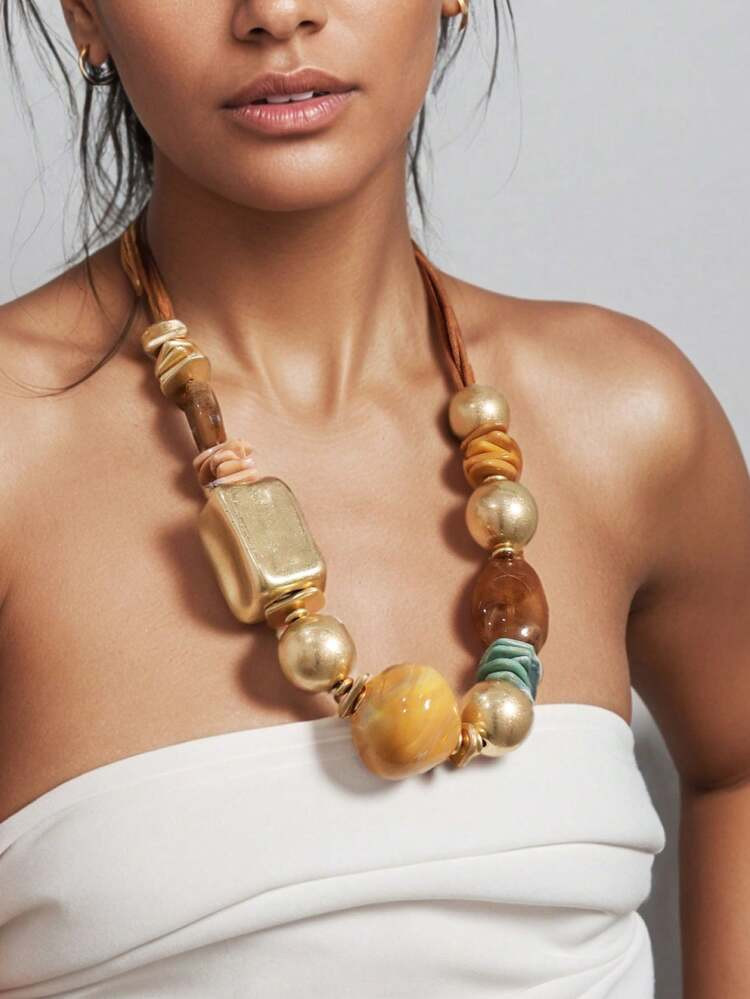 1pc Retro Bohemian Style Metal + Resin + Wood + Braided Rope Multicolor Geometric Beaded Necklace... | SHEIN