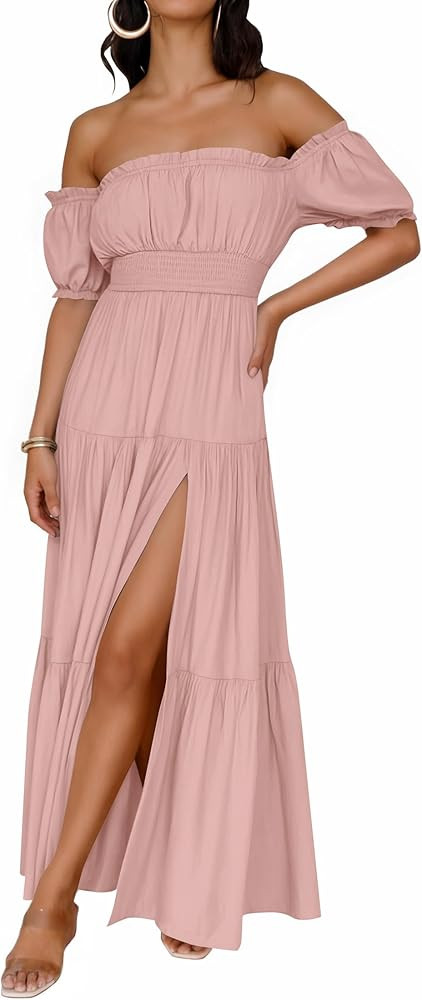ZESICA Women's 2026 Boho Sexy Off Shoulder Short Sleeve Smocked Side Split Flowy A Line Tiered Lo... | Amazon (US)