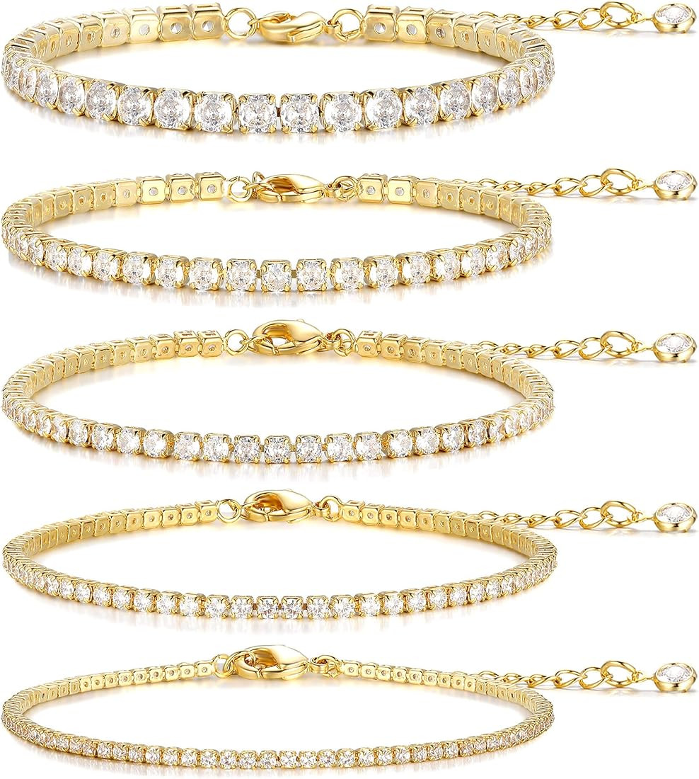 5 PCS Gold Bracelets for Women Teen Girls, 14K Real Gold Plated Adjustable Cubic Zirconia Dainty ... | Amazon (US)
