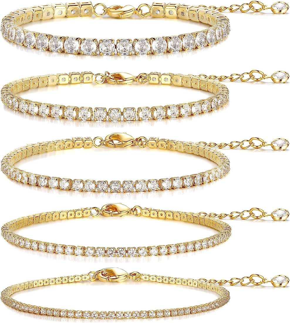 5 PCS Gold Bracelets for Women Teen Girls, 14K Real Gold Plated Adjustable Cubic Zirconia Dainty ... | Amazon (US)