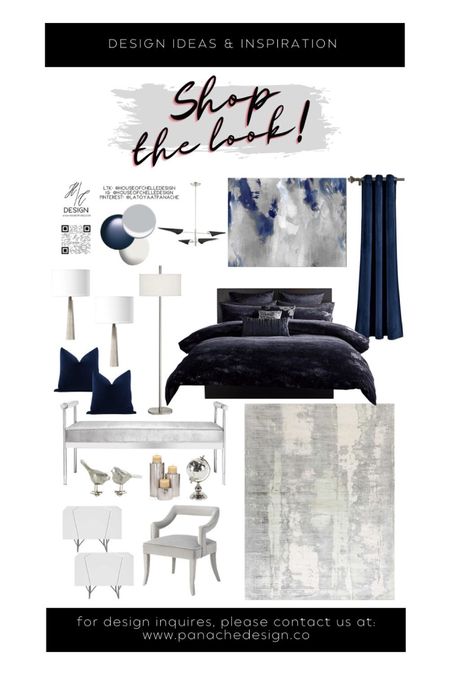Navy Blue and Gray Modern Bedroom Decor | bedroom home decor | bedroom moodboard | bedroom concept board | bed, nightstand, bed bench, rug, side tables, side chair, nightstand lamps, table lamps, chandelier, ceiling light, floor lamp, faux plants, vases, mirror, artwork, pillows, bedding, curtains, window treatments, candle holders, modern home, modern home decor, glam home. #moodboard

#LTKfamily #LTKhome #LTKstyletip