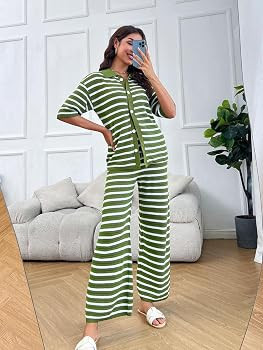 Tankaneo Womens Knit 2 Piece Lounge Sets Striped Short Sleeve Tops and Wide Leg Pants Travel Airp... | Amazon (US)