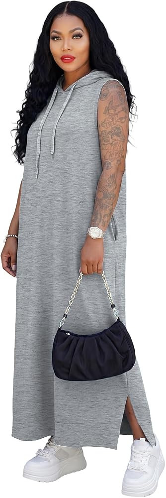 Women Oversize Tshirt Dress Sleeveless Hooded Split Summer Casual 2026 Maxi Dress with Pockets | Amazon (US)