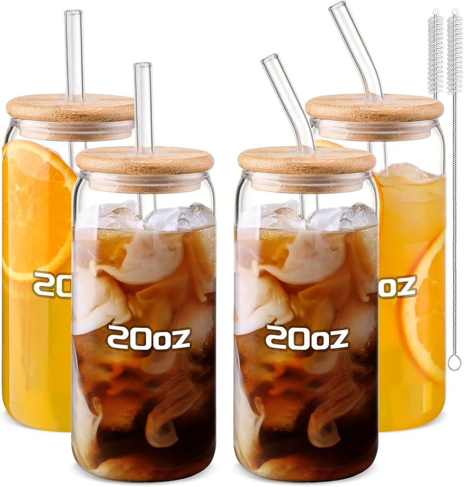 Glass Cups “20oz”,Glass Cups with Lids and Straws 4 pcs-DWTS Coffee Cups,Drinking Glasses Set... | Amazon (US)