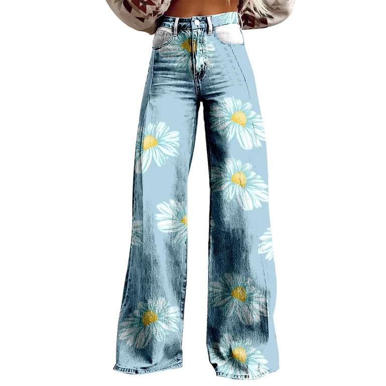 QIJUNTUO Wide Leg Pant Vintage Floral Print High Waisted Straight Stretch Pants With Pockets Stra... | Walmart (US)