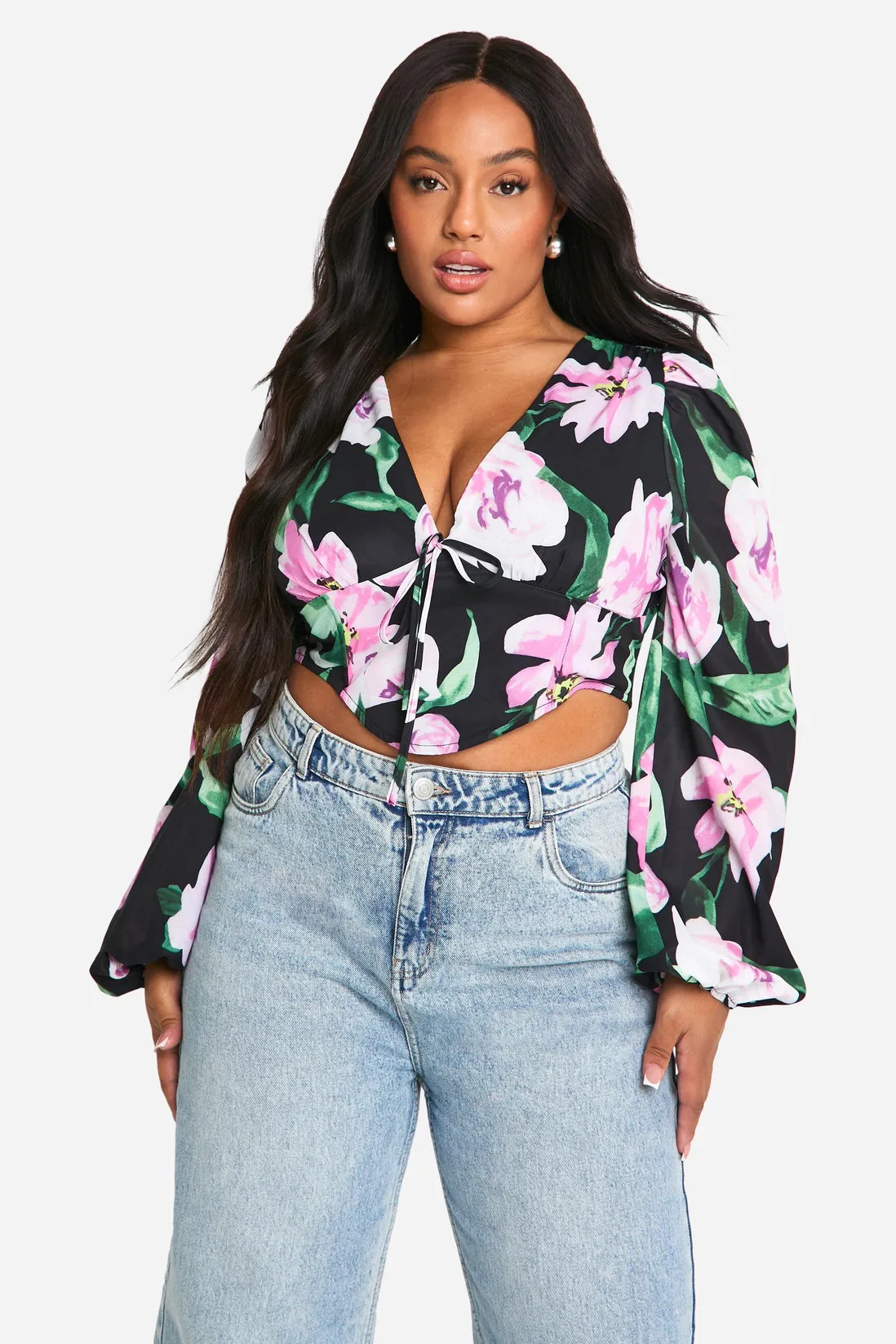 Plus Large Floral Puff Sleeve Longline Corset Top | boohoo (US & Canada)