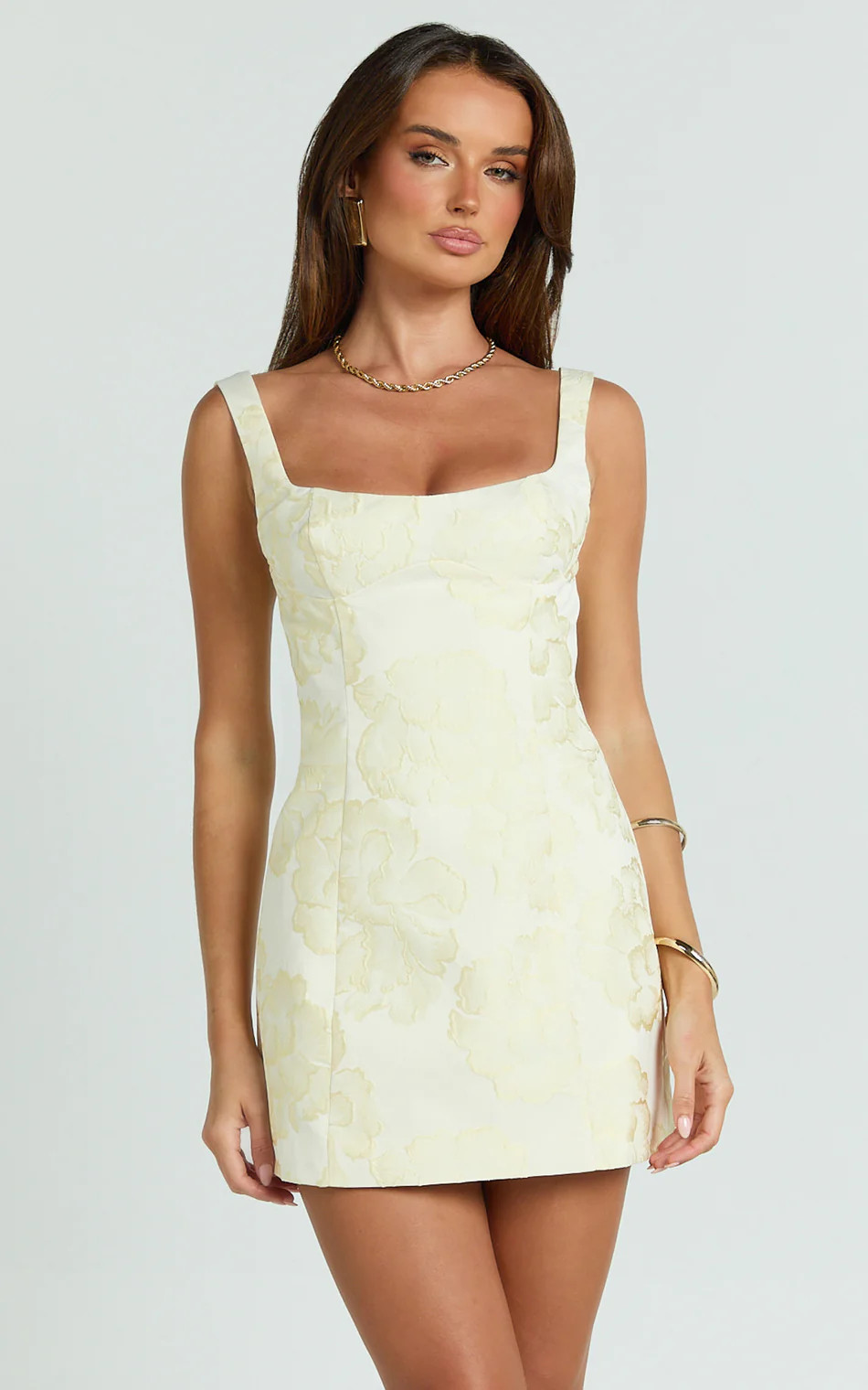 Orla Mini Dress - Jacquard Scoop Neck Fitted Dress in Lemon | Showpo (US, UK & Europe)