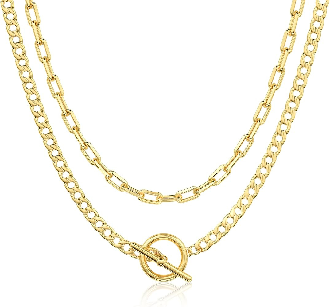 CHESKY Layered Necklaces for Women, 14K Gold Plated Chain Necklace Women Trendy Cuban Link Paperc... | Amazon (US)