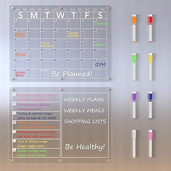 Acrylic Magnetic Dry Erase Board Calendar for Fridge, Clear Monthly and Weekly Meal Planner White... | Amazon (US)