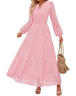 ZESICA Women's 2026 Spring Long Sleeve Maxi Dress V Neck Hollow Out Eyelet A Line Long Flowy Casu... | Amazon (US)