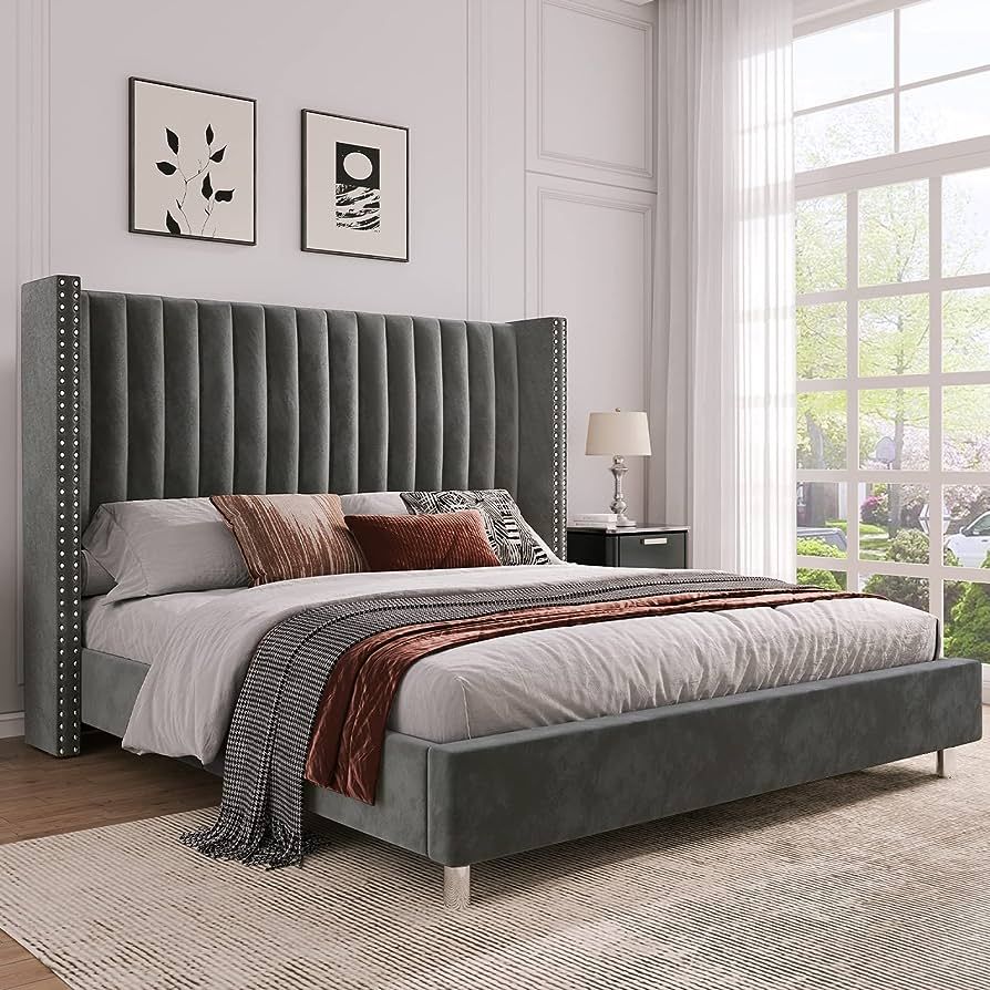 PaPaJet King Size Tufted Upholstered Platform Bed Frame Low Profile Velvet Bed Frame with Raised ... | Amazon (US)