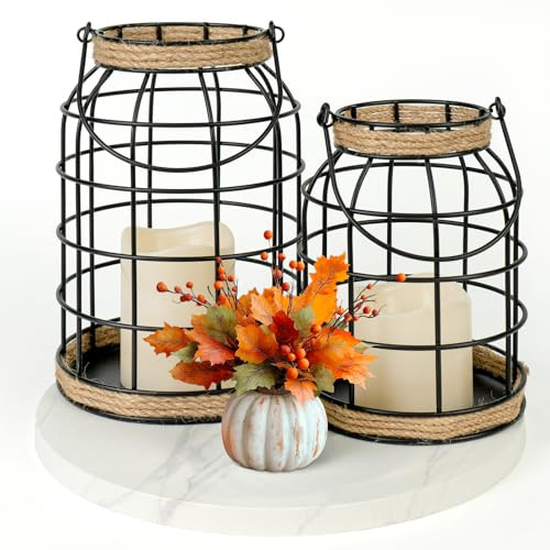 Lumeavetra Rustic Farmhouse Decorative Lantern Set of 2, Boho Lanterns with LED Candles, Modern Farmhouse Indoor Outdoor Decor for Living Room Patio Porch Fireplace Kitchen Dining Table Centerpiece | Amazon (US)