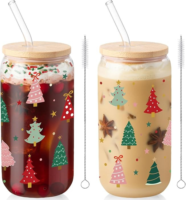 Sliner 2 Pcs Christmas Tree Glass Cups Xmas Winter Tumbler with Lid Straw Drinking Glasses 16 oz ... | Amazon (US)