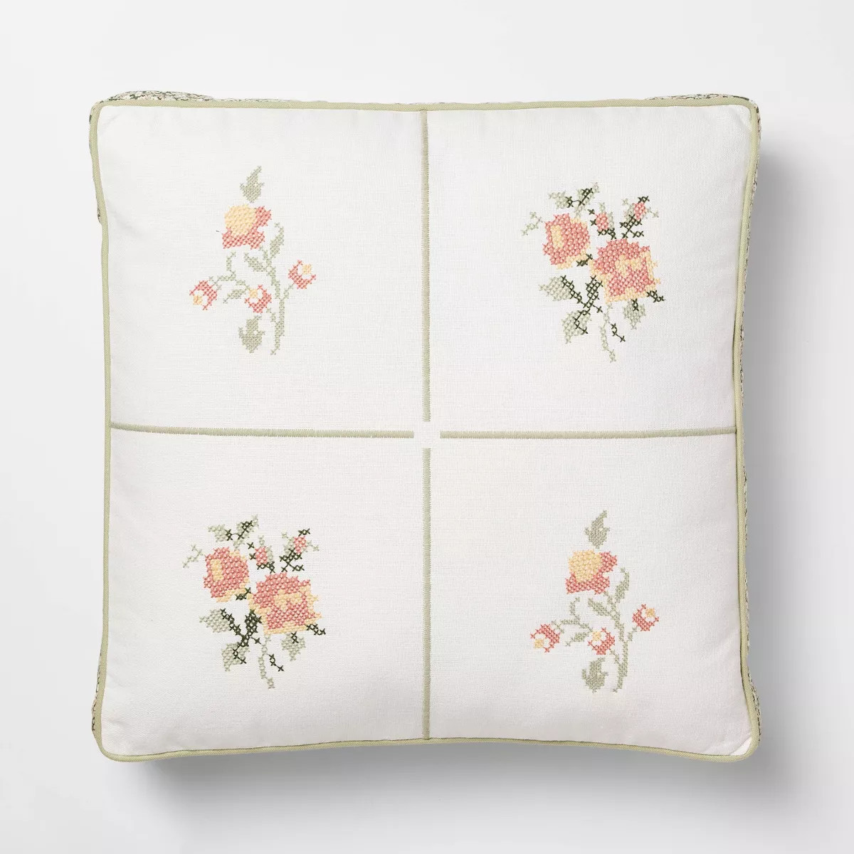 Square Cross-Stitched Floral Pillow with Printed Green/Pink - Threshold™ designed with Studio M... | Target