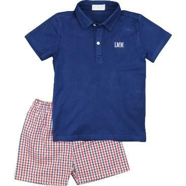 Red And Navy Windowpane Polo Short Set - Shipping Early June | Cecil and Lou