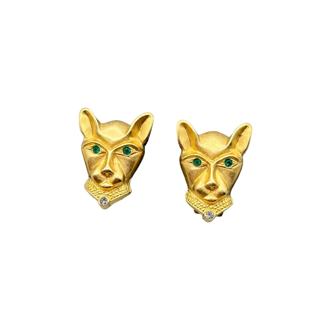 JACKIE COLLINS Panther Clip On Earrings Matte Gold Tone and Emerald Green Eyes | Etsy (US)