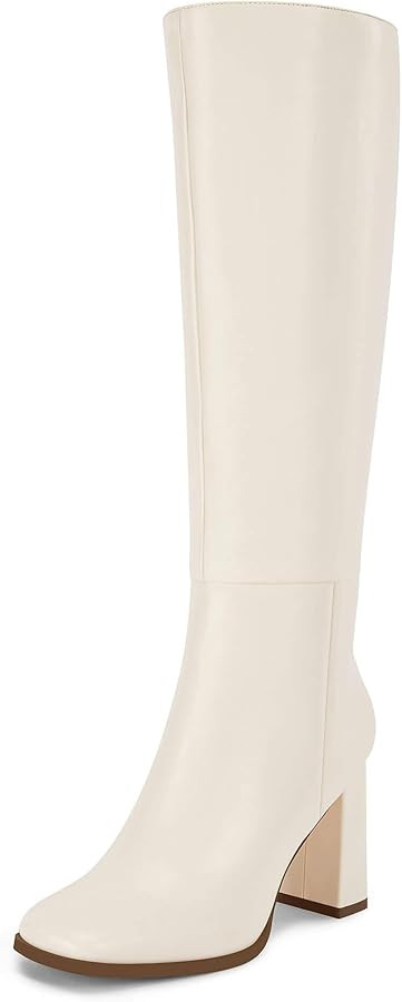 Coutgo Womens Wide Calf Knee High Boots Chunky High Heel Square Toe Fashion Leather Shoes with Si... | Amazon (US)
