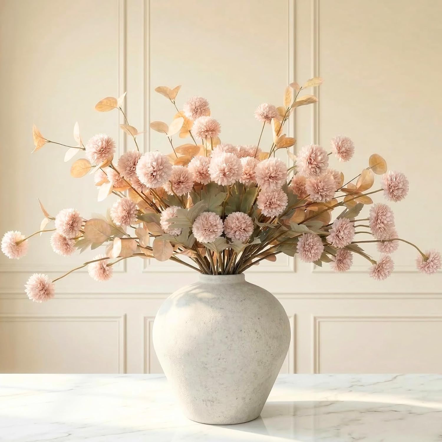Artificial Flowers for Vase - 12 Stems Beige Faux Silk Mums with Eucalyptus | Amazon (US)