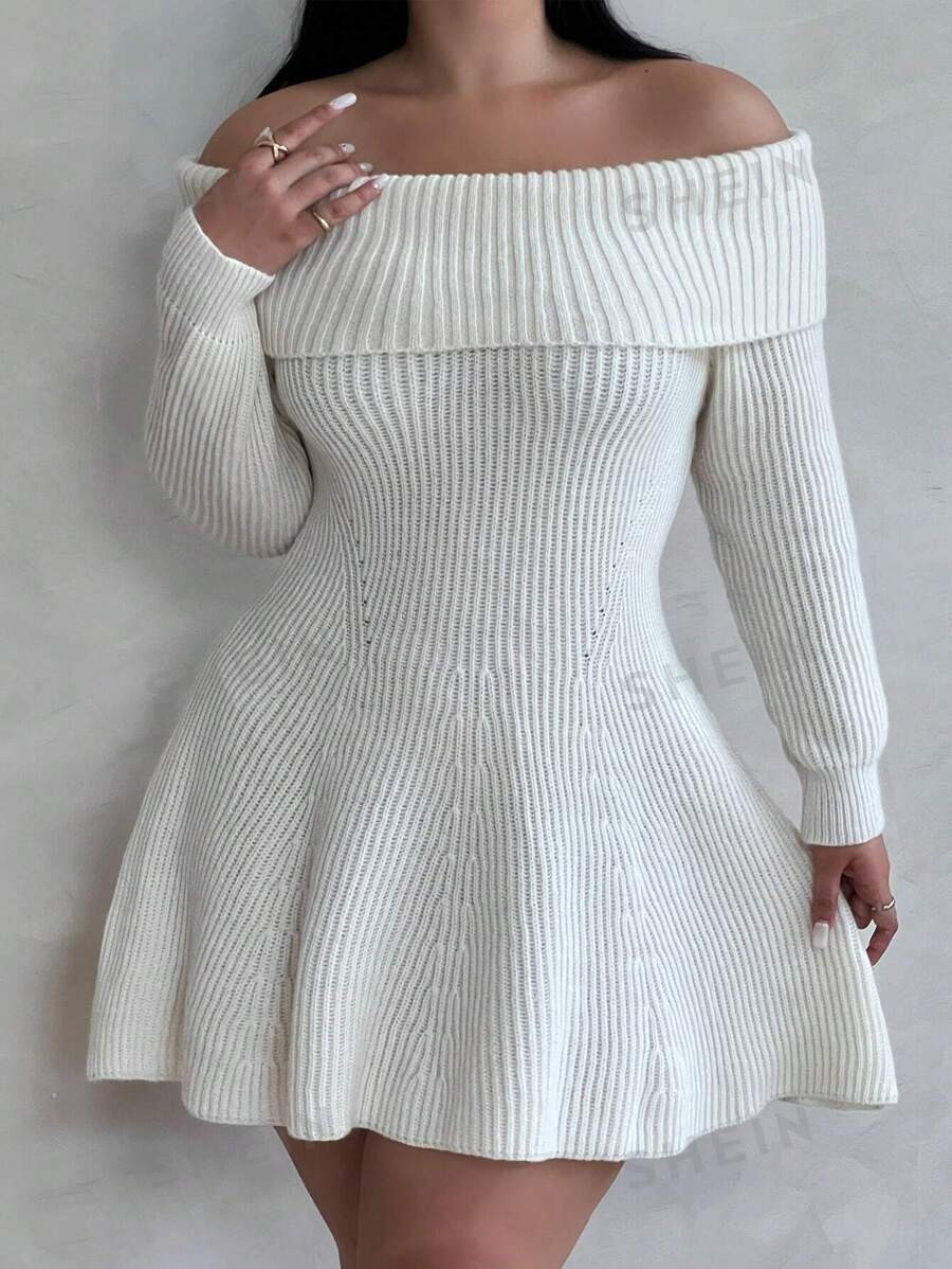 SHEIN POPSWAY Plus Fashionable Off-Shoulder Sweater With Ruffle Design | SHEIN