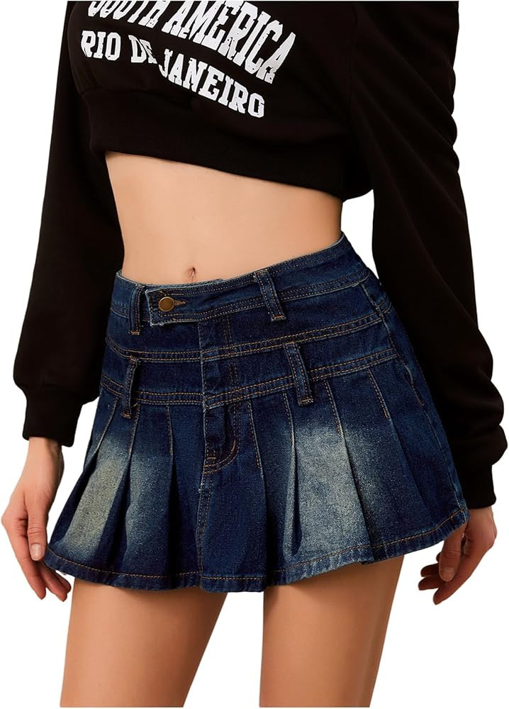 MakeMeChic Women's Pleated Denim Skirt A Line Flare Y2k Mini Jean Skirts | Amazon (US)
