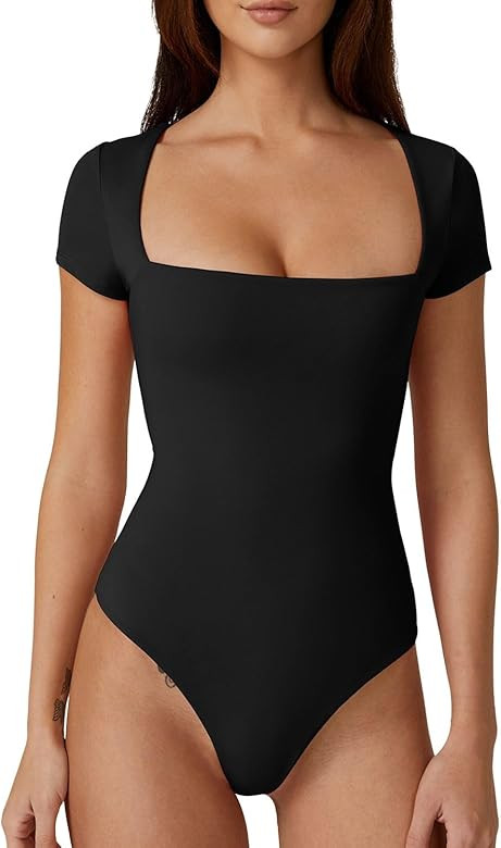 QINSEN Women's Square Neck Short Sleeve Bodysuit Sexy Body Suit Tops Double Lined Shirts | Amazon (US)