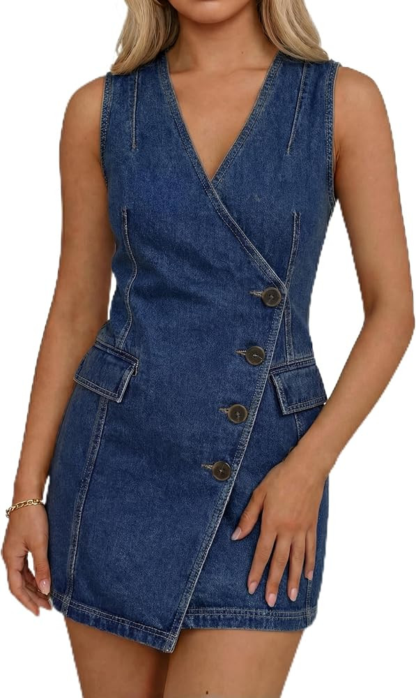 Denim Dress for Women Sleeveless V Neck A-Line Casual Summer Button Down Wrap Mini Jean Dress | Amazon (US)